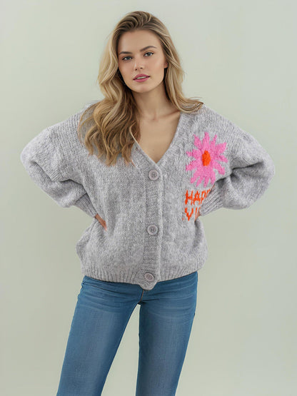 Damen Strickjacke Blumenmotiv Bunt Große Knöpfe