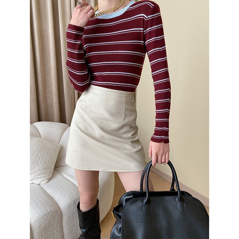 Damen Langarmshirt Streifen Feine Rippstruktur Weiß/