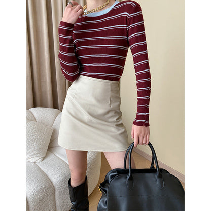 Damen Langarmshirt Streifen Feine Rippstruktur Weiß/