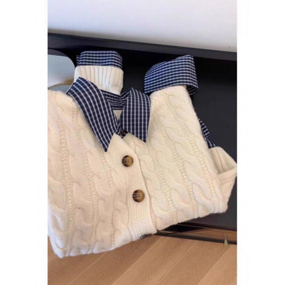 Damen Strickjacke Karostoffkragen Knöpfe Beige