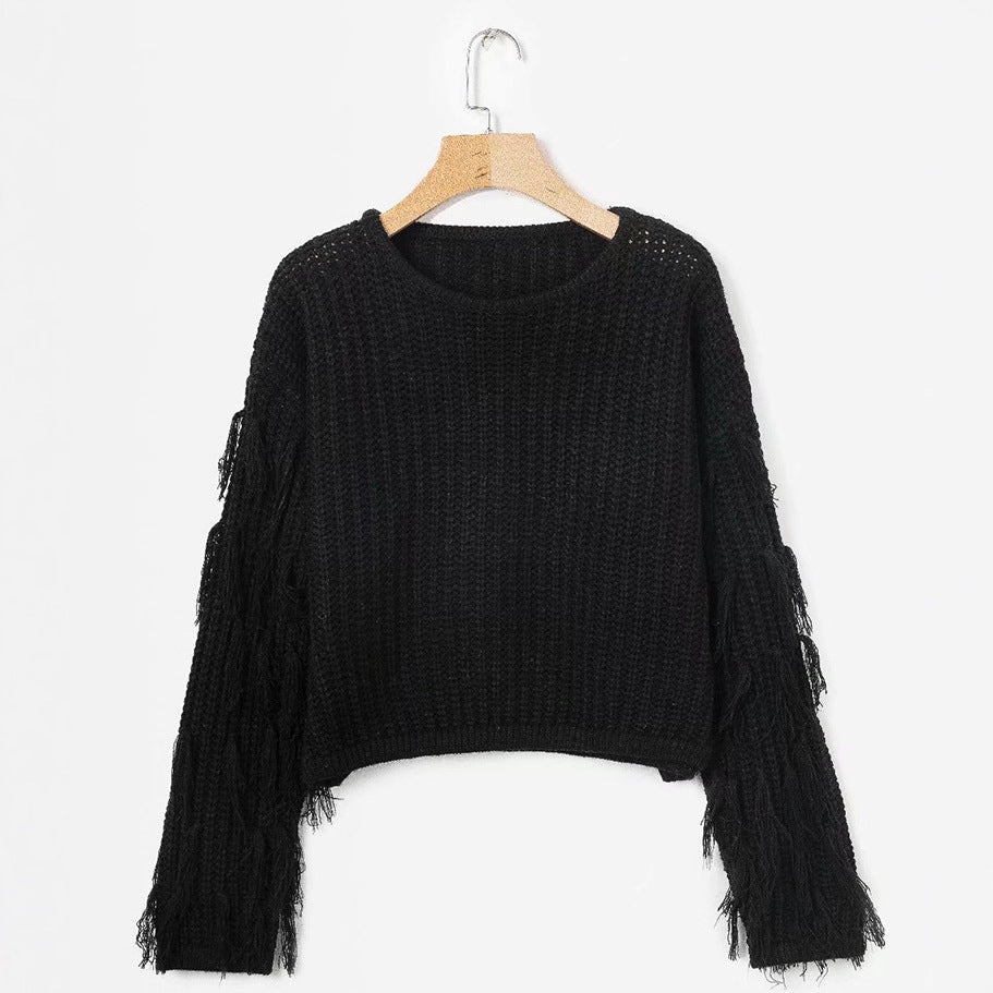 Damen Strickpullover mit Fransen Ärmeln Komfortschnitt
