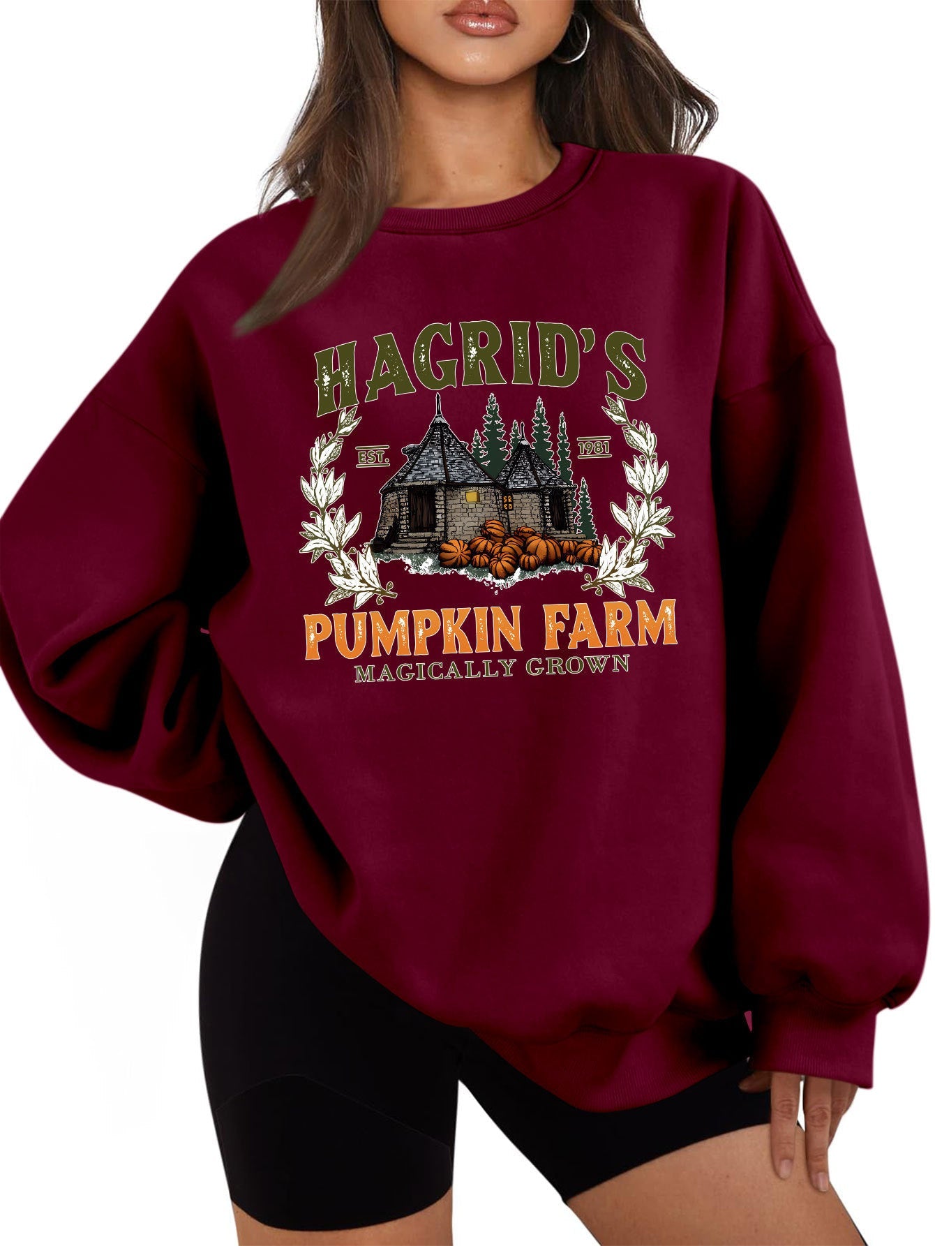 Damen Sweatshirt Rundhalsausschnitt Kürbis-Motiv Herbstlich