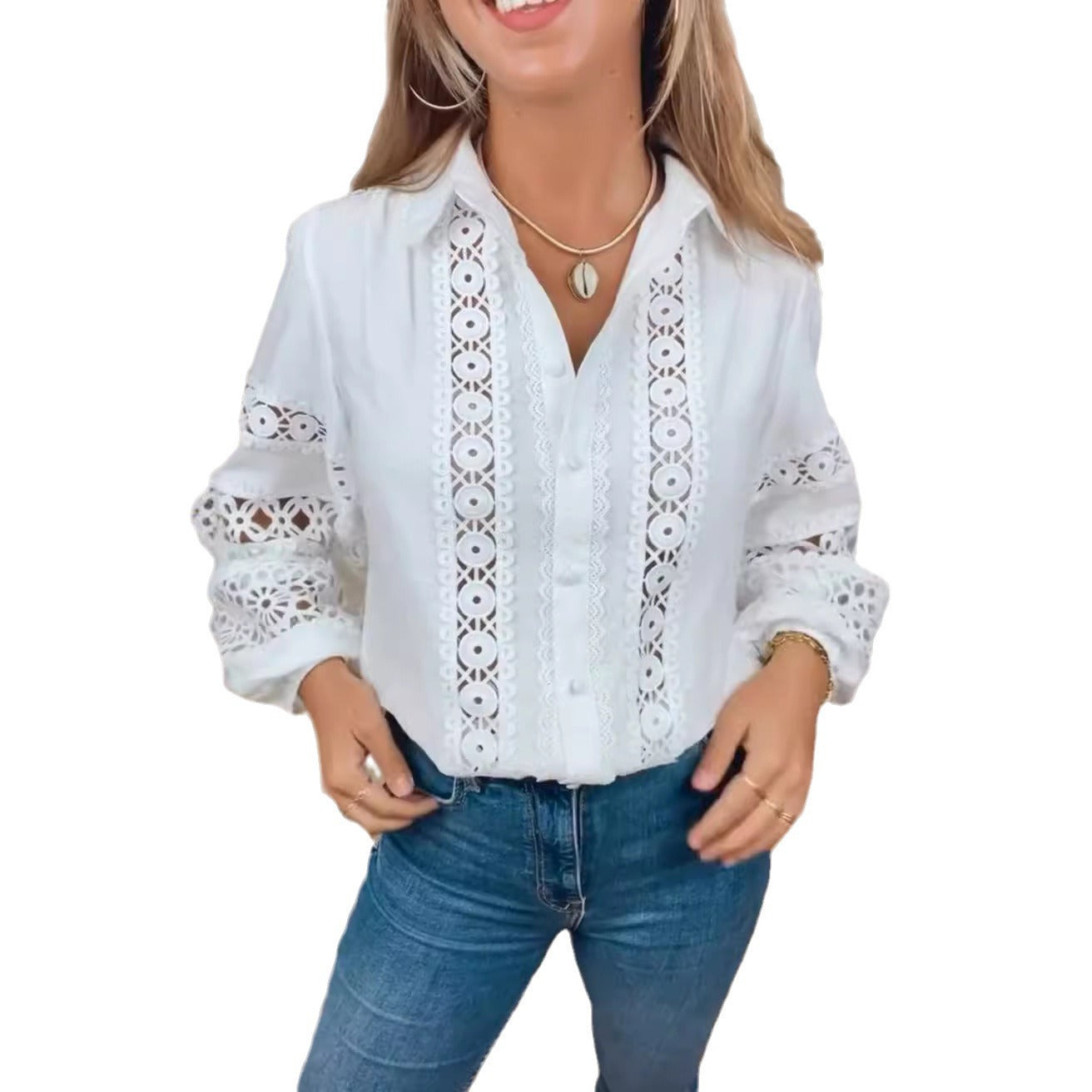 Damen Bluse Häkel-Lochstrickdetails Eveloria