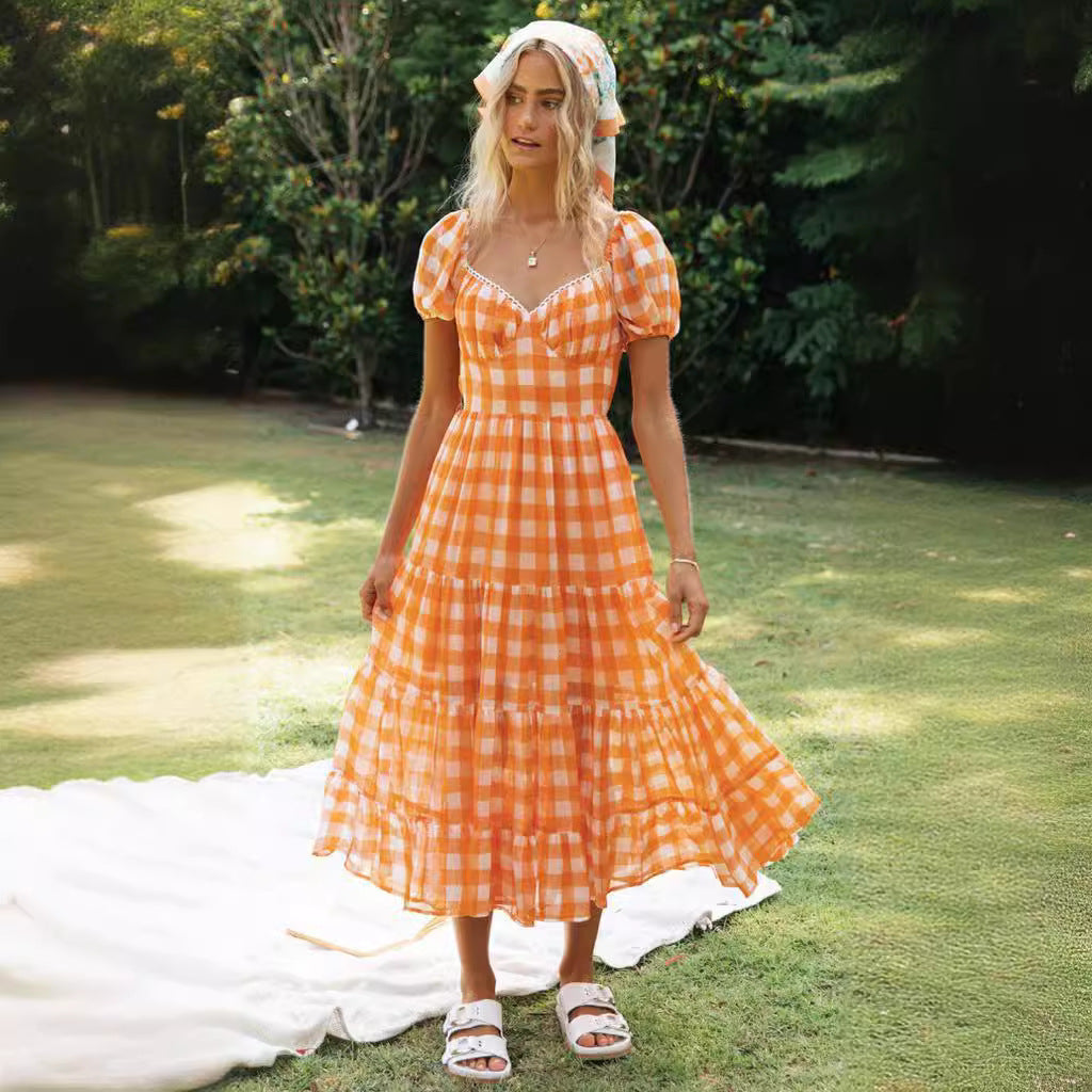 Damen Maxi-Kleid V-Rücken Rüschen Karomuster