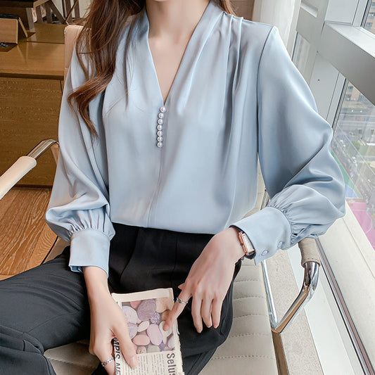 Damen Bluse Rüschenärmel Perlknöpfe Eveloria - Eveloria