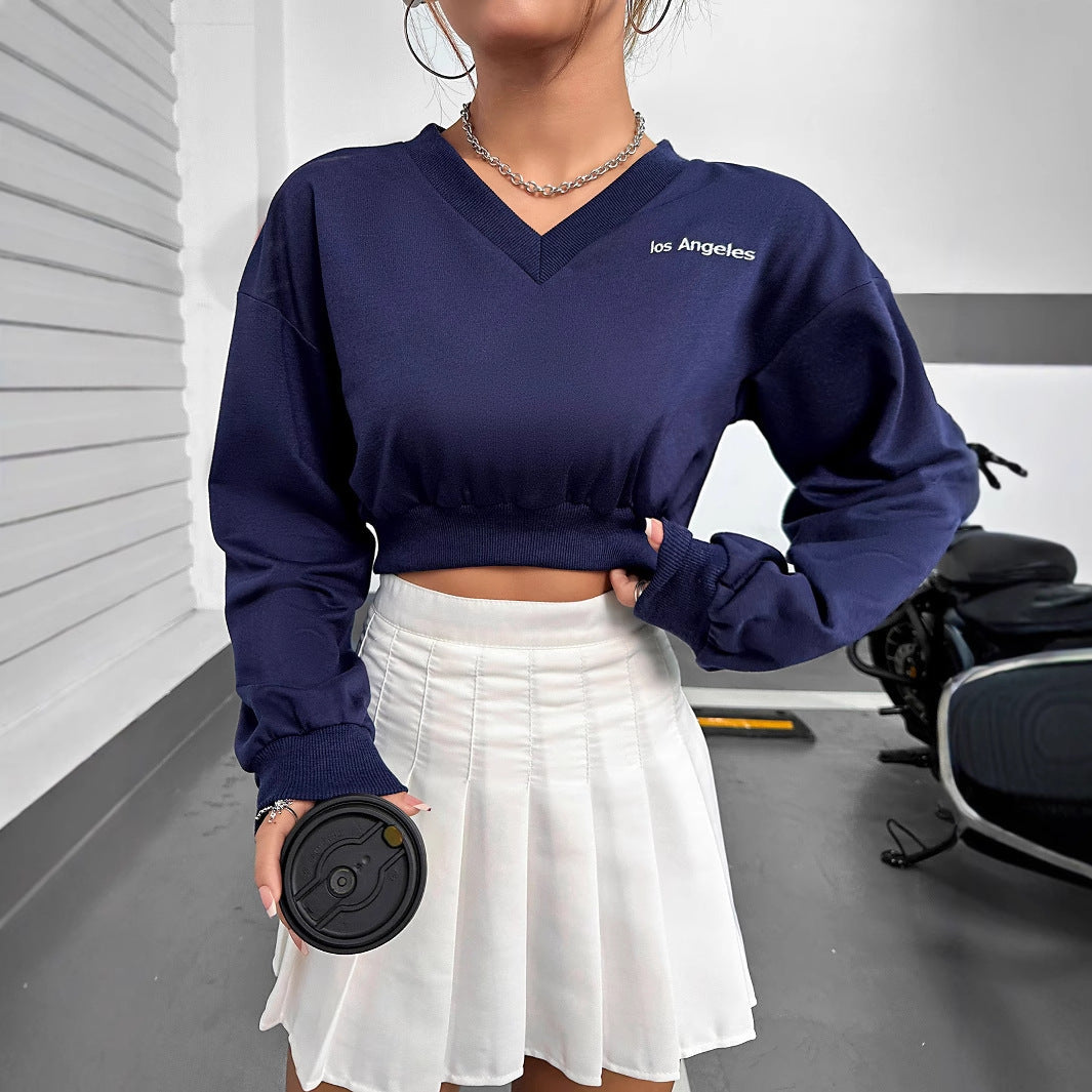 Damen Crop- V-Ausschnitt Elastisch Langer Ärmel Schwarz Eveloria - Eveloria