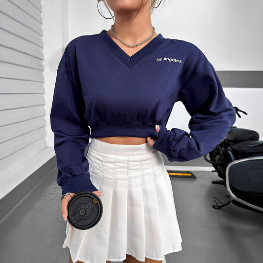 Damen Crop- V-Ausschnitt Elastisch Langer Ärmel Schwarz Eveloria - Eveloria