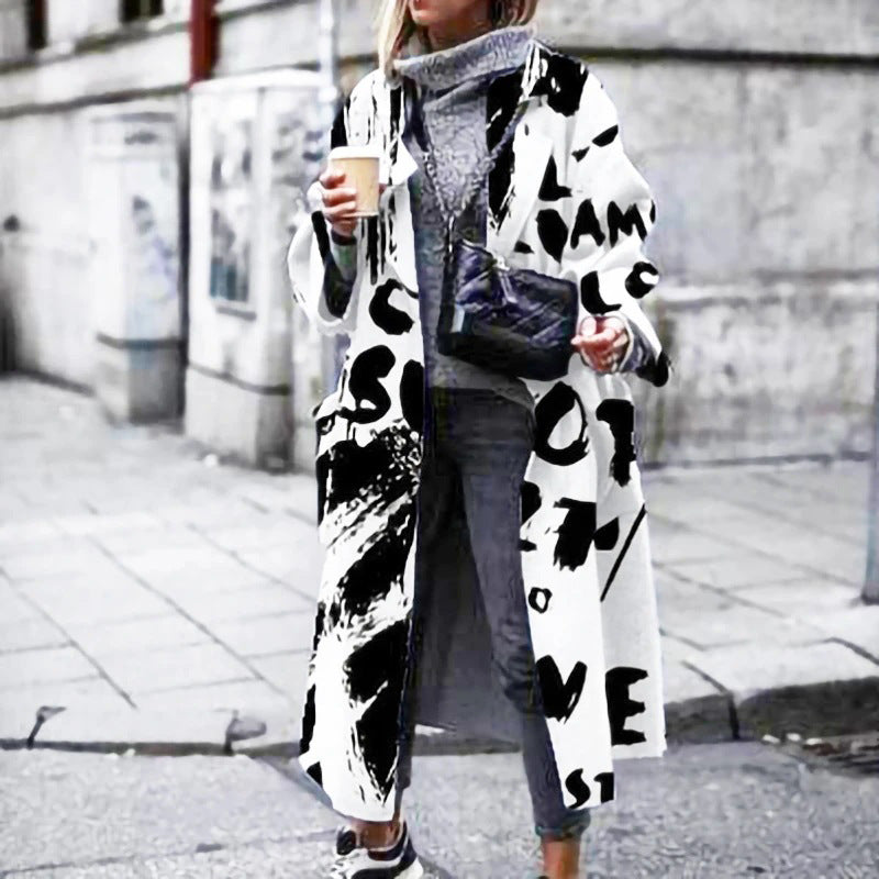 Damen Oversized Mantel Bunt Augenmuster Lässig