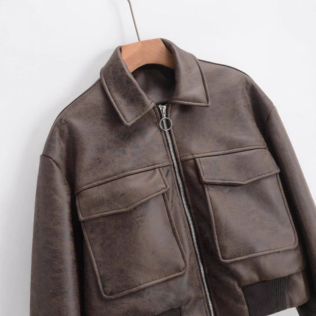 Damen Cropped Kunstlederjacke Aufgesetzte Taschen Eveloria