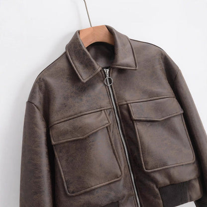 Damen Cropped Kunstlederjacke Aufgesetzte Taschen Eveloria