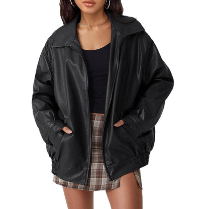 Damen Lederjacke Lässig Großer Kragen Eveloria
