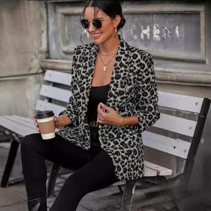 Damen Blazer Animal-Print Elegant Revers