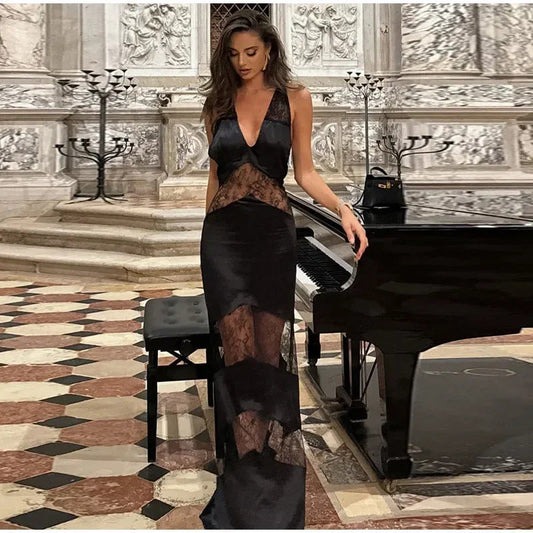 Damen Maxikleid Spitzenbesatz Elegant Schwarz - Eveloria