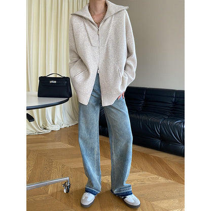Damen Strickjacke Mit Reißverschluss Hoch Kragen Beige