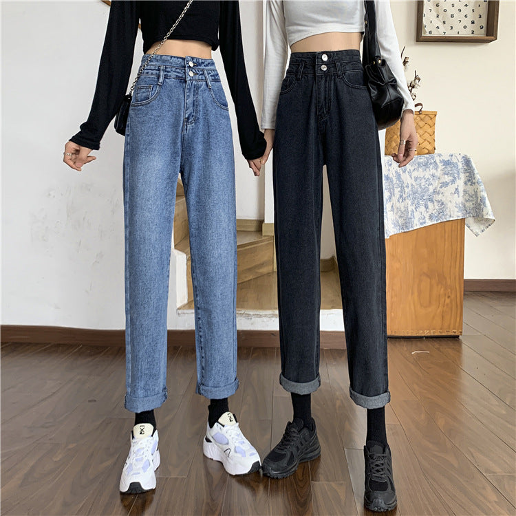 Damen Mom-Jeans Hochtaillierte Abnehmbare Säume Blau Eveloria