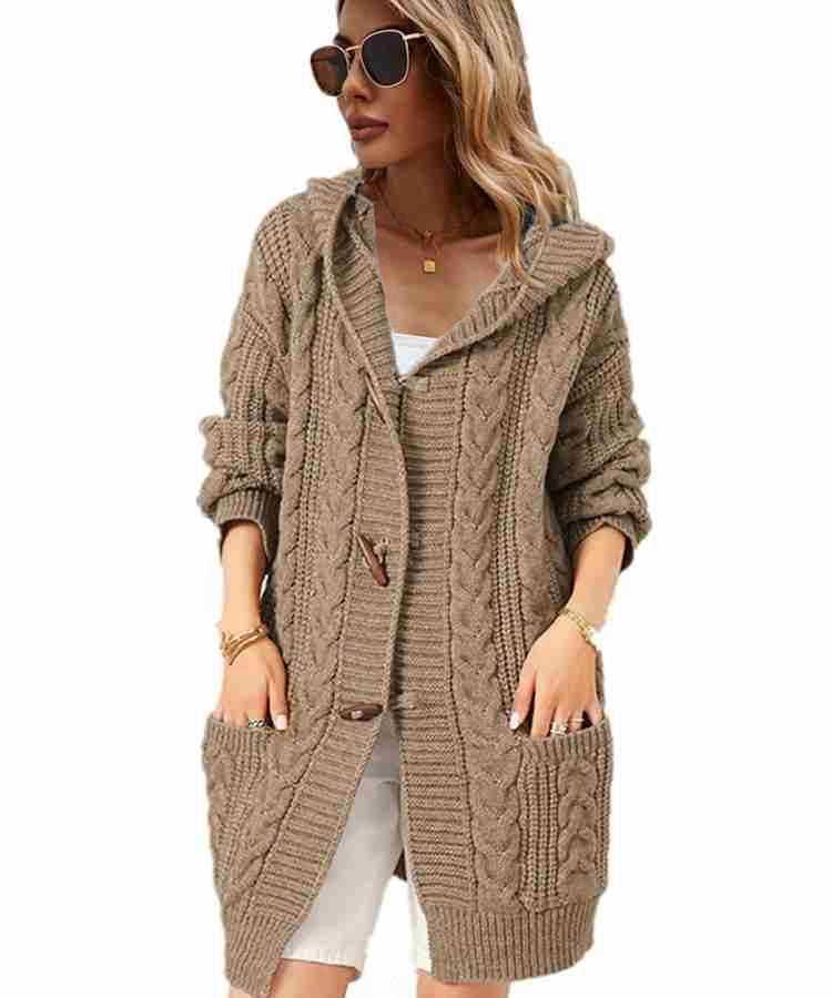Damen Grobstrick-Cardigan mit Kapuze und Taschen