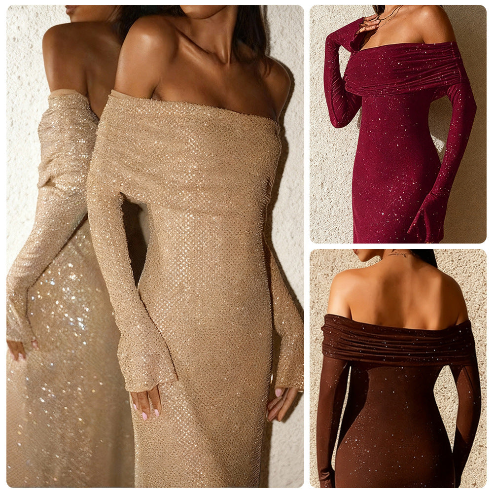 Damen Abendkleid Schulterfrei Paillettenbesatz Figurbetonend Schwarz - Eveloria