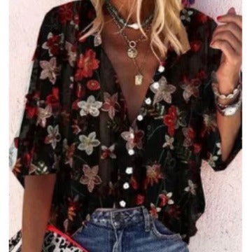 Damen Bluse Transparent mit Floralem Stickerei Übergroß Eveloria - Eveloria