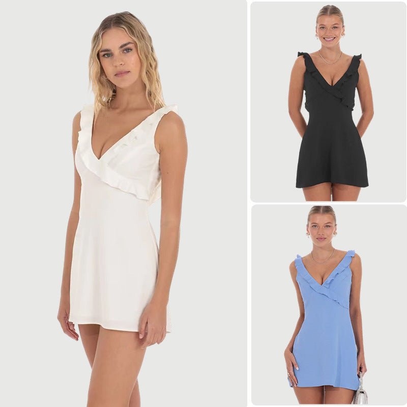Damen Cocktailkleid Rüschen V-Ausschnitt Schwingrock Eveloria - Eveloria