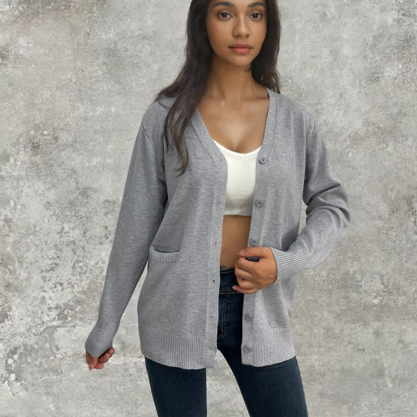 Damen Strickjacke Rippenmuster Baumwolle Beige