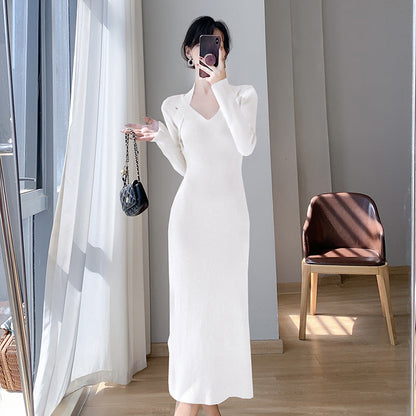 Damen Strickkleid V-Ausschnitt Seitenschlitze Eveloria