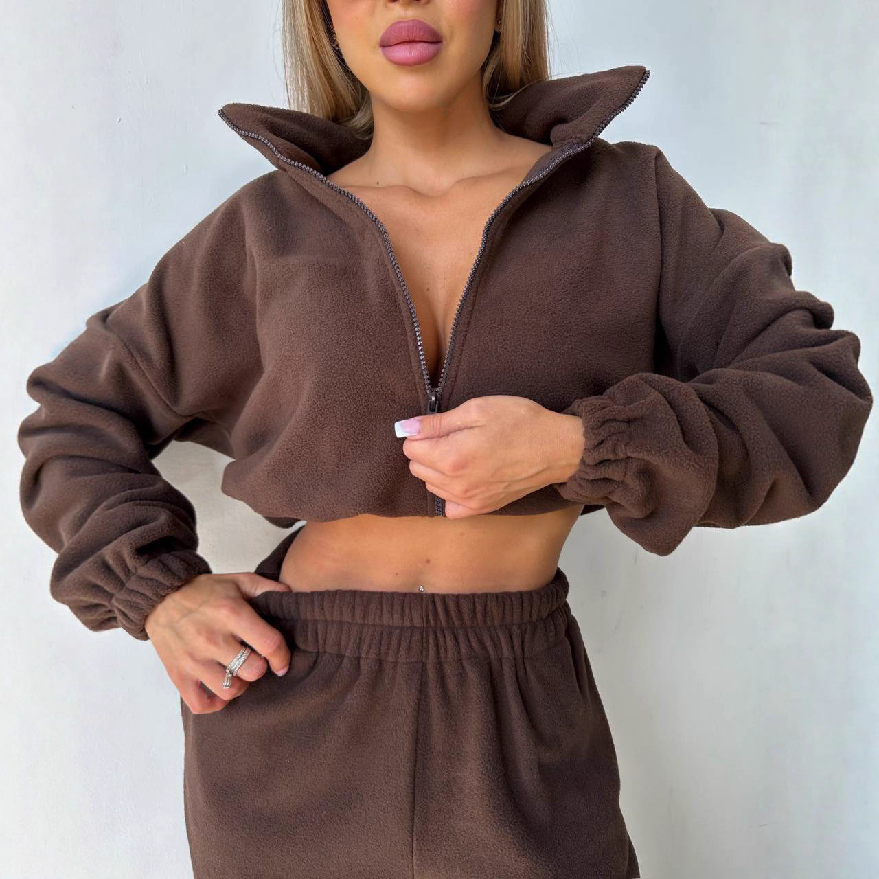 Damen Fleecejacke Cropped Reißverschluss Lässig Eveloria