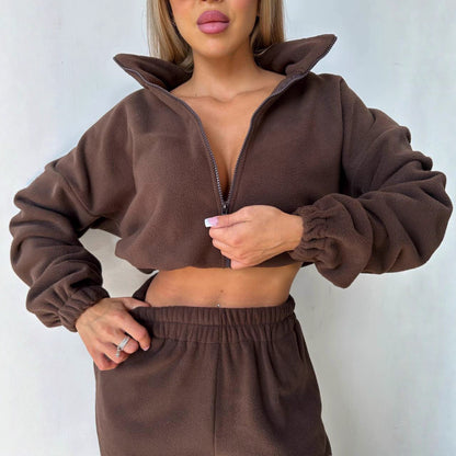 Damen Fleecejacke Cropped Reißverschluss Lässig Eveloria