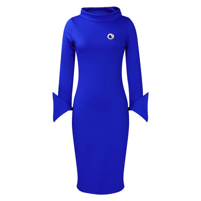 Eveloria Damen Midi-Kleid Hochkragen Glockenärmel