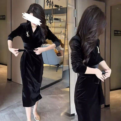 Damen Langarmkleid Wickeldesign Rüschensaum Eveloria - Eveloria