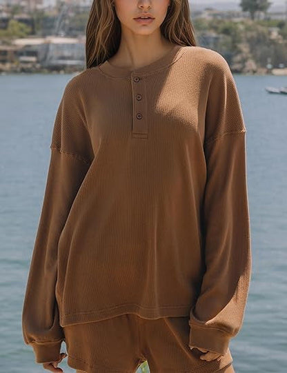 Damen Langarm-Pullover Lässig Knopfdetails Grau Eveloria