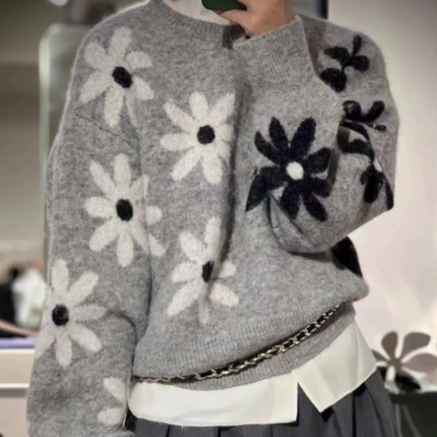 Damen Strickpullover Floralmuster Lässiger Schnitt