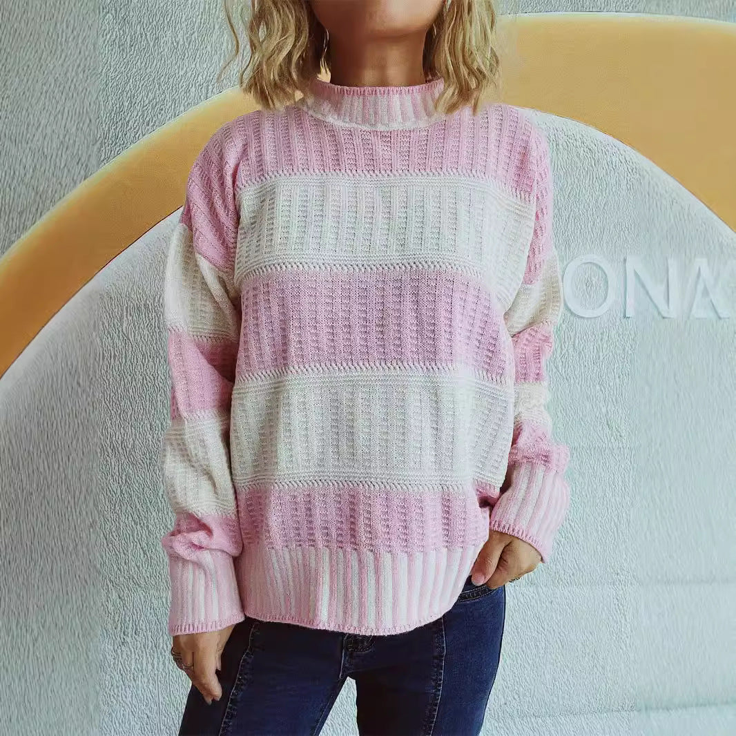 Damen Strickpullover mit Streifenmuster und hohem Bündchen - Eveloria