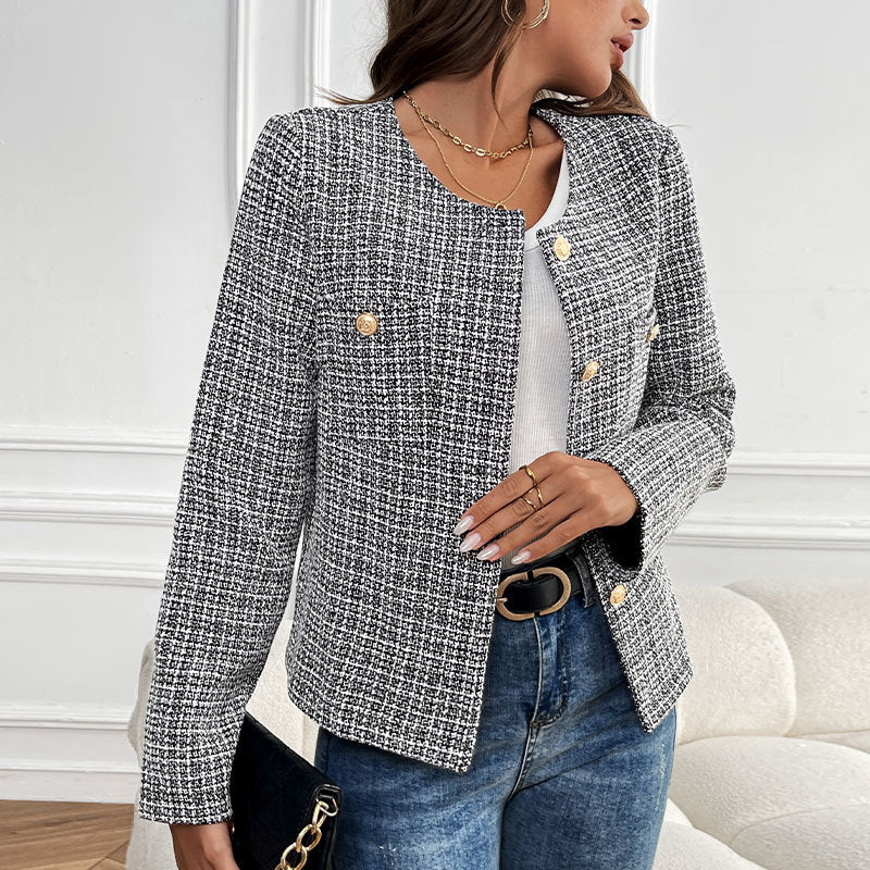 Damen Bouclé-Jacke Elegant Goldknöpfe Beige