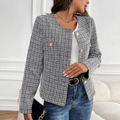 Damen Bouclé-Jacke Elegant Goldknöpfe Beige