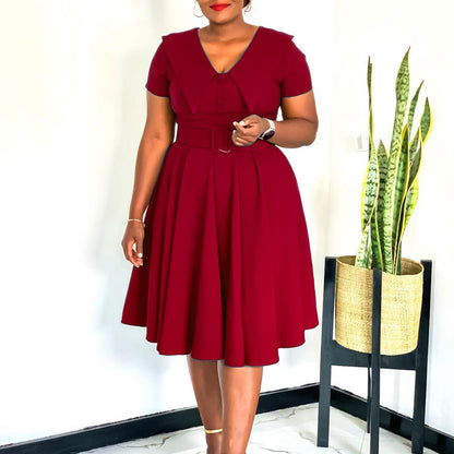 Damen A-Linien Kleid mit Kragen und Bindegürtel Elegant