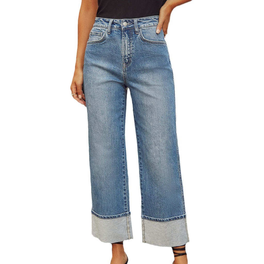 Damen Weite Denim-Jeans Kontrast-Säume Blau Eveloria