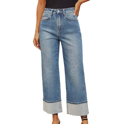 Damen Weite Denim-Jeans Kontrast-Säume Blau Eveloria