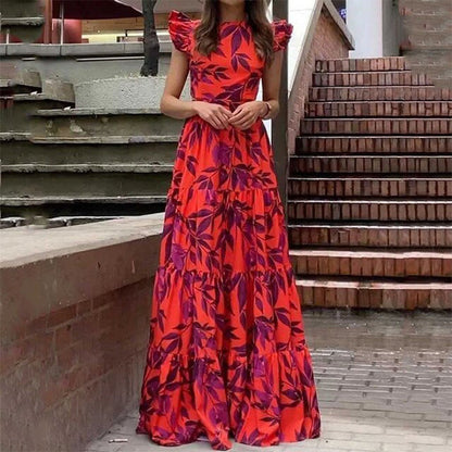 Damen Maxikleid mit Volantärmeln und schwingendem Rock