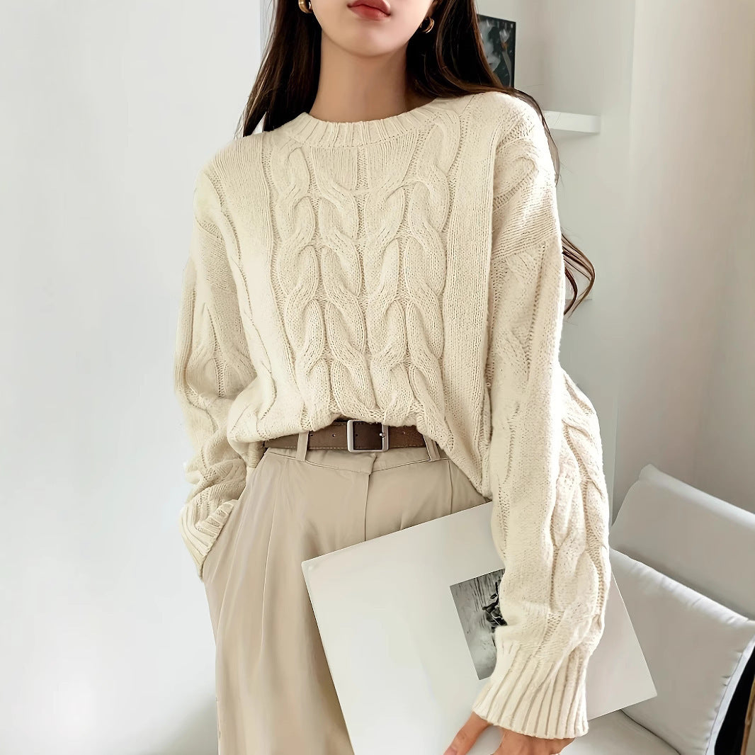 Damen Grobstrickpullover Zopfmuster Weitschnitt