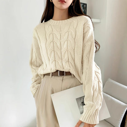 Damen Grobstrickpullover Zopfmuster Weitschnitt