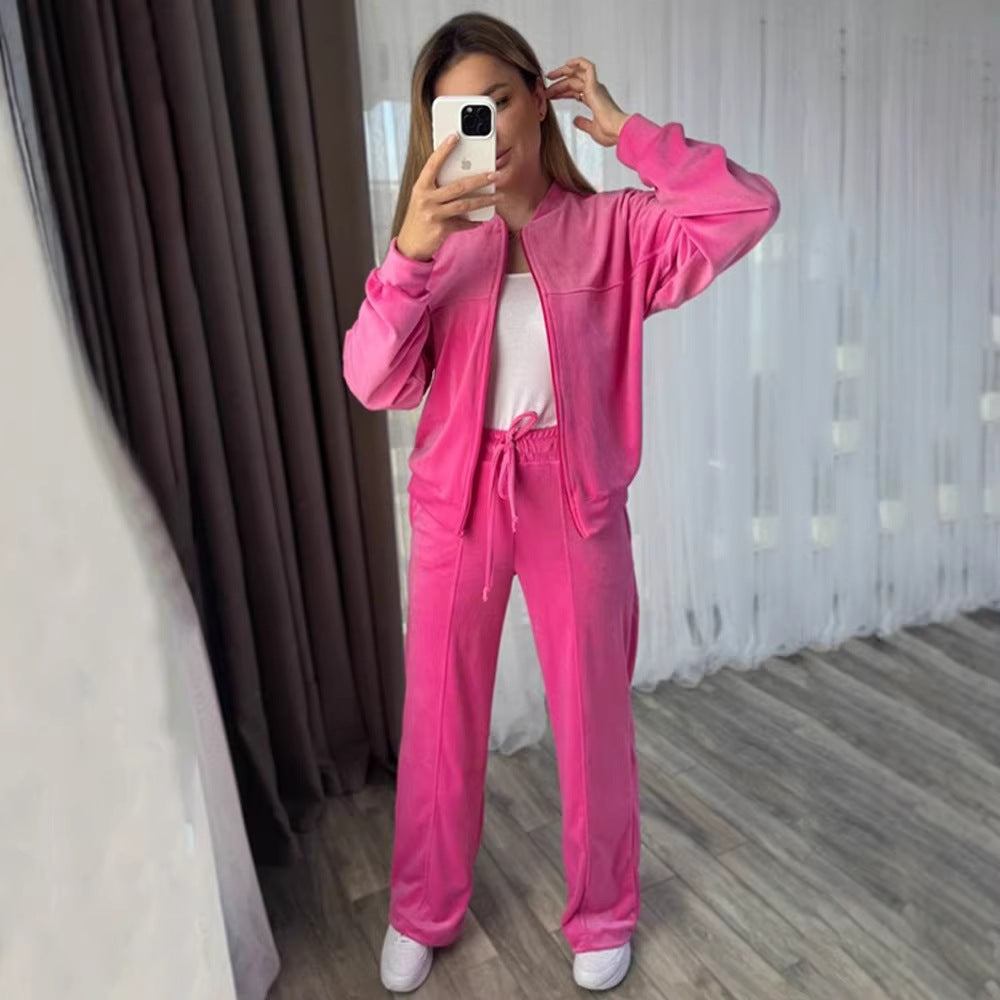 Damen Velours Jogginganzug Hochkragen Praktische Taschen