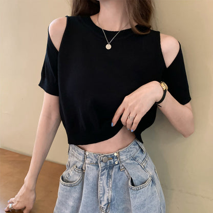 Damen Cropped Schulterfrei Modernes Strickmuster