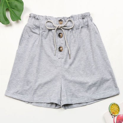 Damen Freizeitshorts Verstellbarer Bund Dekorative Knöpfe Schwarz - Eveloria