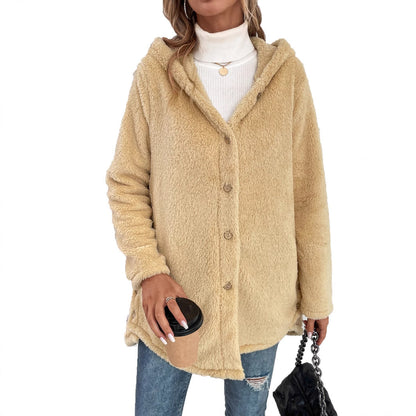 Damen Übergangsjacke Flauschig mit Kapuze und Knöpfen Eveloria