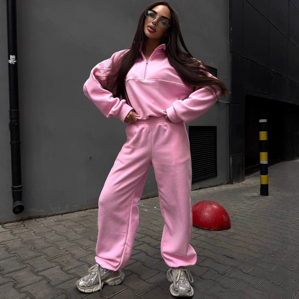Damen Fleece-Jogginganzug Stehkragen Reißverschluss Schwarz Eveloria - Eveloria
