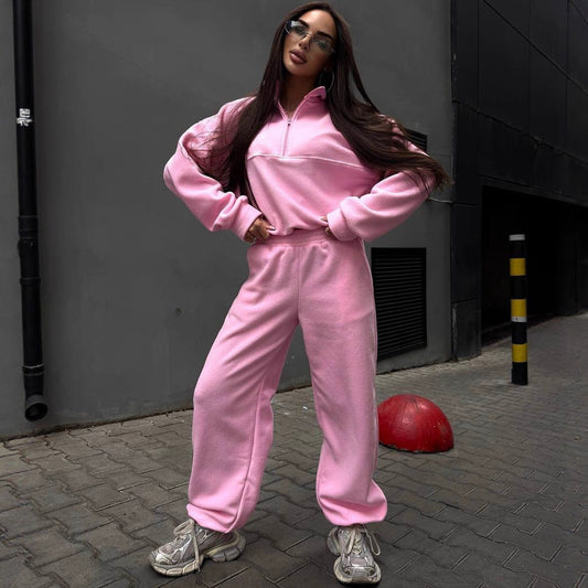Damen Fleece-Jogginganzug Stehkragen Reißverschluss Schwarz Eveloria - Eveloria