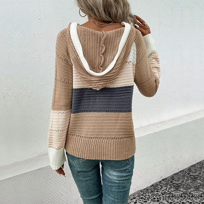 Damen Strickpullover Streifenmuster Kapuze