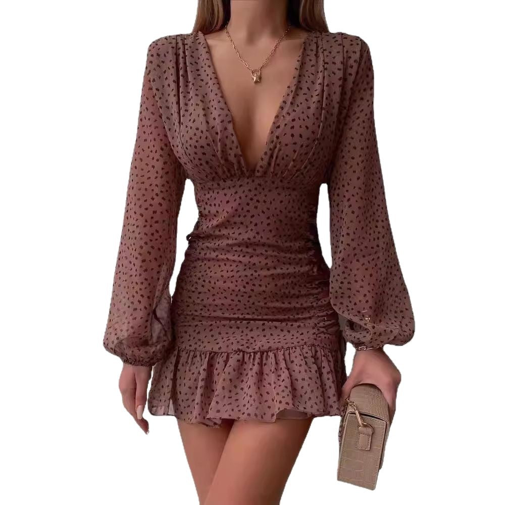 Damen Minikleid V-Ausschnitt Puffärmel Rüschen Elegant