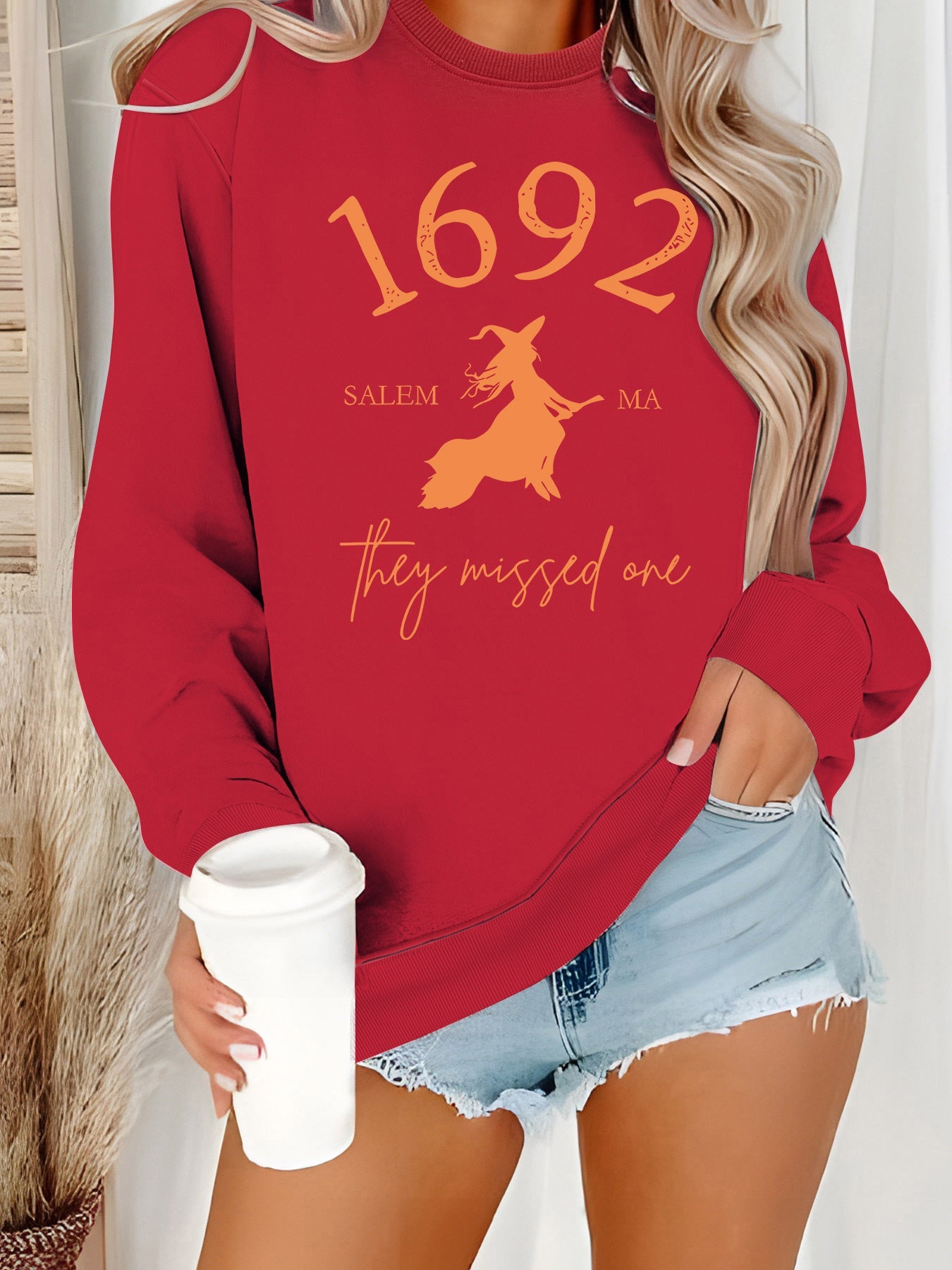 Damen Sweatshirt Witch-Motiv Baumwolle Gemütlich Grau