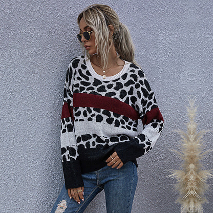 Damen Pullover Lässig Leo-Muster Blockstreifen - Eveloria
